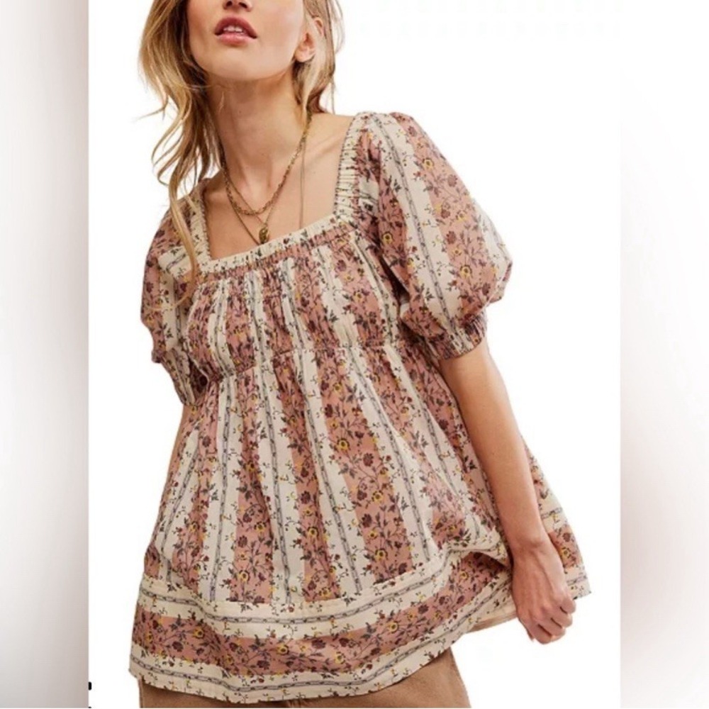 Free People S Vintage Lover Babydoll Tunic Top Puff Sleeve Beige Floral Cotton